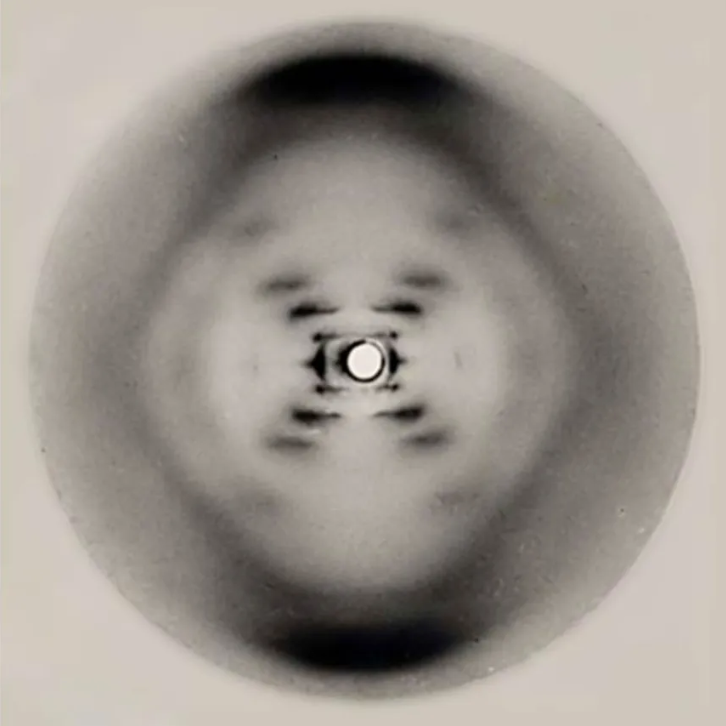 Photograph of X-ray diffraction pattern known as 'Photo 51,' taken by Rosalind Franklin. The image shows a circular pattern with an X-shaped diffraction at the center, which provided crucial evidence for the helical structure of DNA.